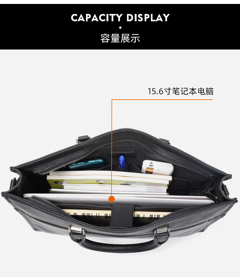 Túi xách tay công sở nam da bò lớp đầu, cặp đựng laptop 15.6 inch nhiều ngăn, 39×7×29 cm — Màu đen chi tiết 7