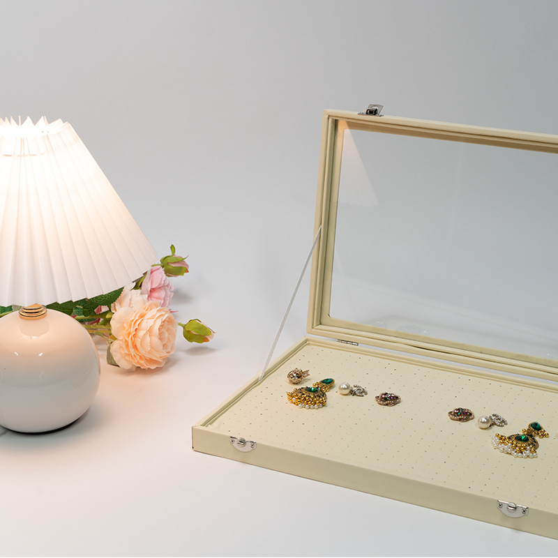 皮质耳钉收纳盘600孔耳环展示盘珠宝首饰盒饰品收纳盒玻璃盖子