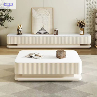 Nordic Minimalist Cream Style Rock Board Coffee Table TV Cabinet Combination Living Room Coffee Table Large and Small Apartment TV Cabinet Floor Cabinet