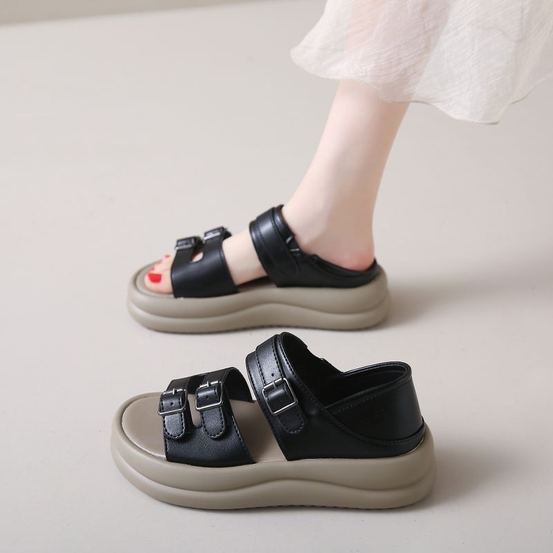 Belt Buckle Decorative Platform Heeled Sandals Women's Outer Wear 2024 New Style Flat Velcro Roman Style Sandals