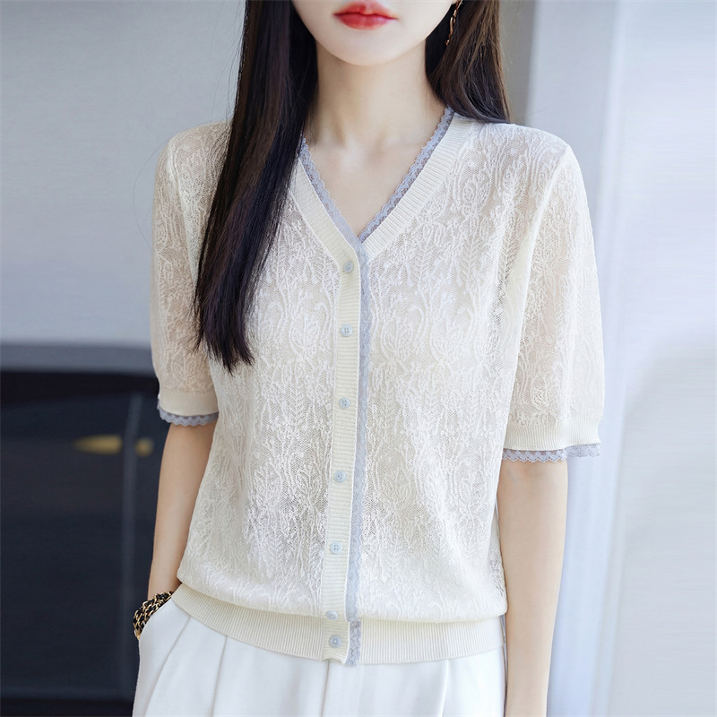 New Summer Silk Knit Top for Women, French V-Neck Short-Sleeve Lace Cardigan, Elegant High-End T-Shirt New Summer Silk Knit Top for Women, French V-Neck Short-Sleeve Lace Cardigan, Elegant High-End T-Shirt