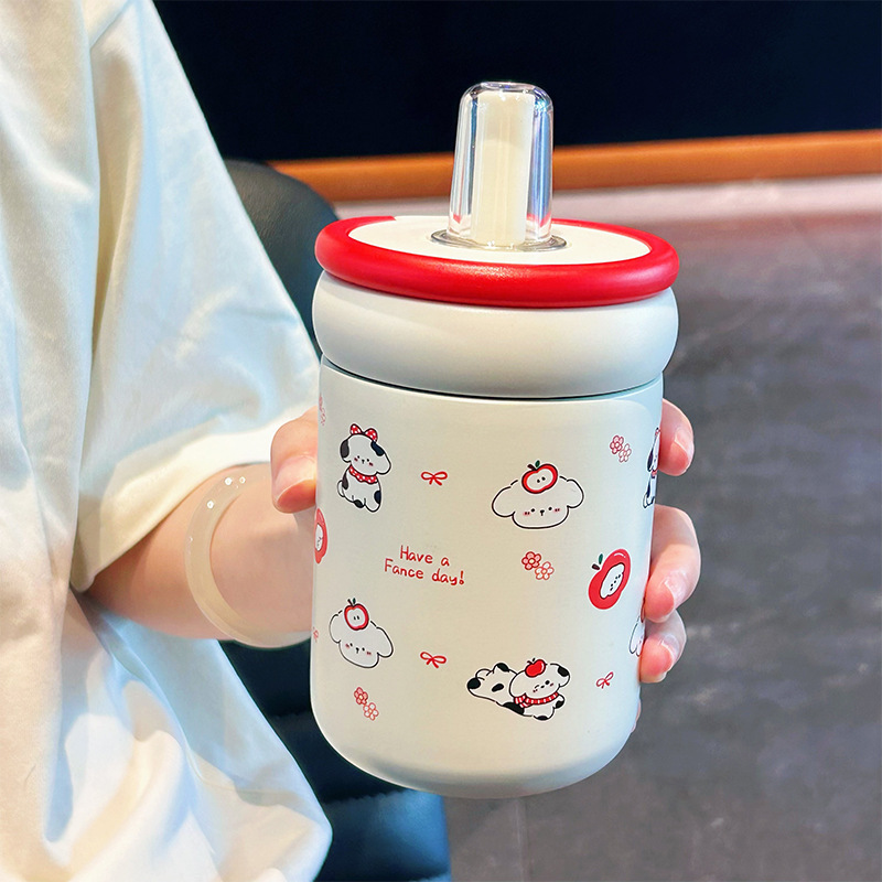 新型ins女子高颜値ストローカップ316ステンレス保温カップ陶磁器内胆カップ学生随行カップ|undefined