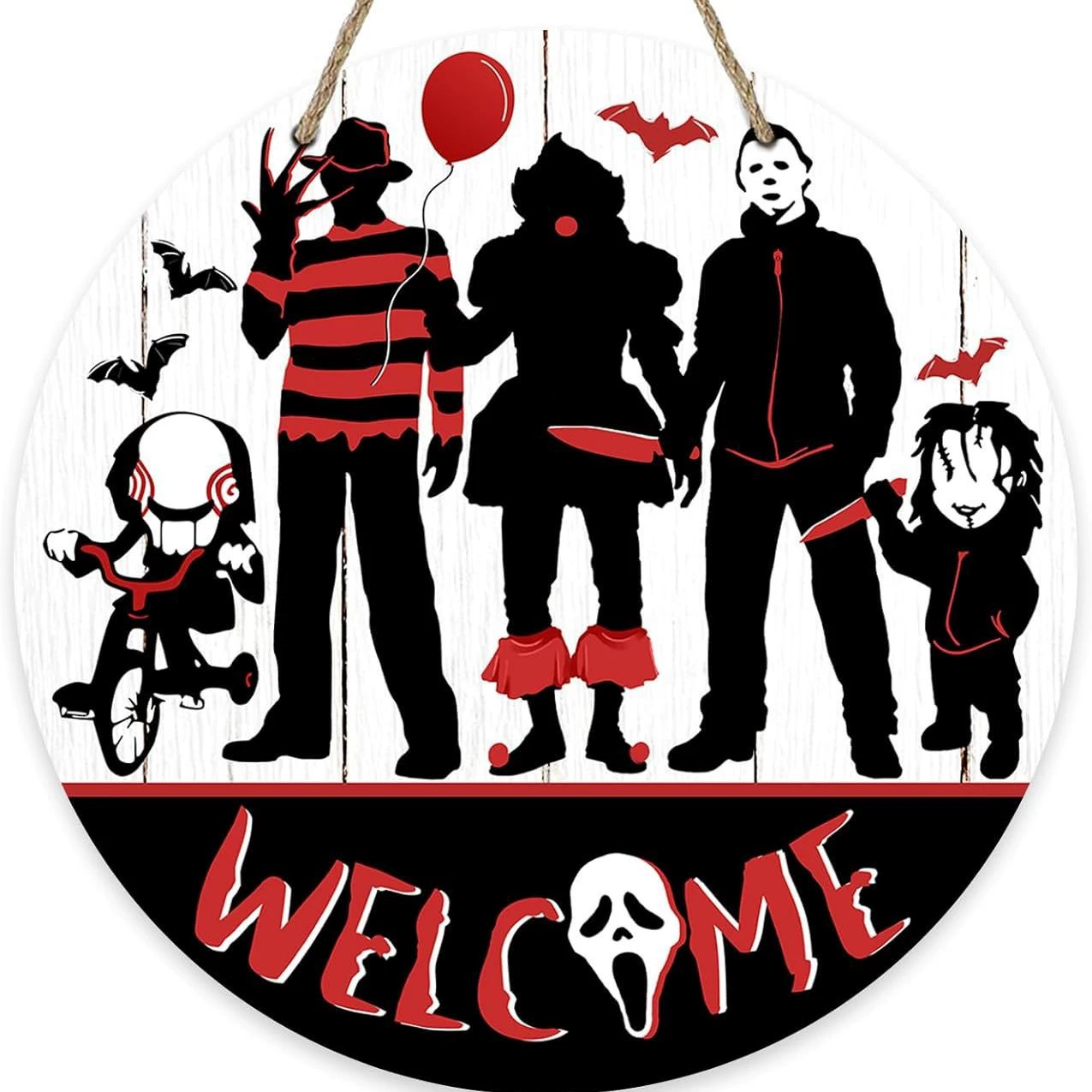 Деревянная табличка на входную дверь с персонажем фильма ужасов на Хэллоуин, красный, черный, деревянный кулон с изображением призрака ужасов