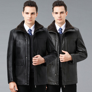 2023 Winter New Style Fur Integrated Men's Casual Leather Jacket with Fleece Lining and Thickened Lamb Wool Turn-Down Collar Leather Jacket Coat