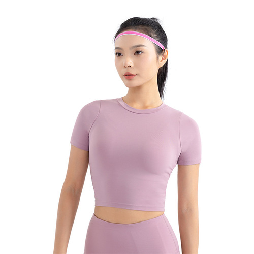 New spring and summer yoga wear short-sleeved women's nude navel-baring open-back sports top Slim-fitting quick-drying fitness wear T-shirt