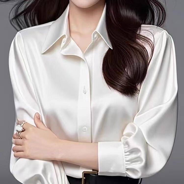 Authentic Clearance】100% High-End Satin White Shirt for Women, New Early Spring Style, Professional Commuting, Wrinkle-Resistant, No Ironing Needed
