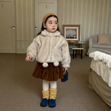 2025冬季新款女童韩系连帽毛毛外套女宝高级感加绒加厚仿皮草上衣