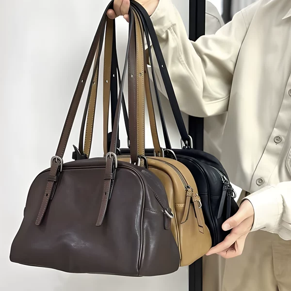 【Upgraded Premium Shoulder Strap Version】Vintage Casual Women's Bowling Bag Made of Vegetable-Tanned Top-Layer Lambskin
