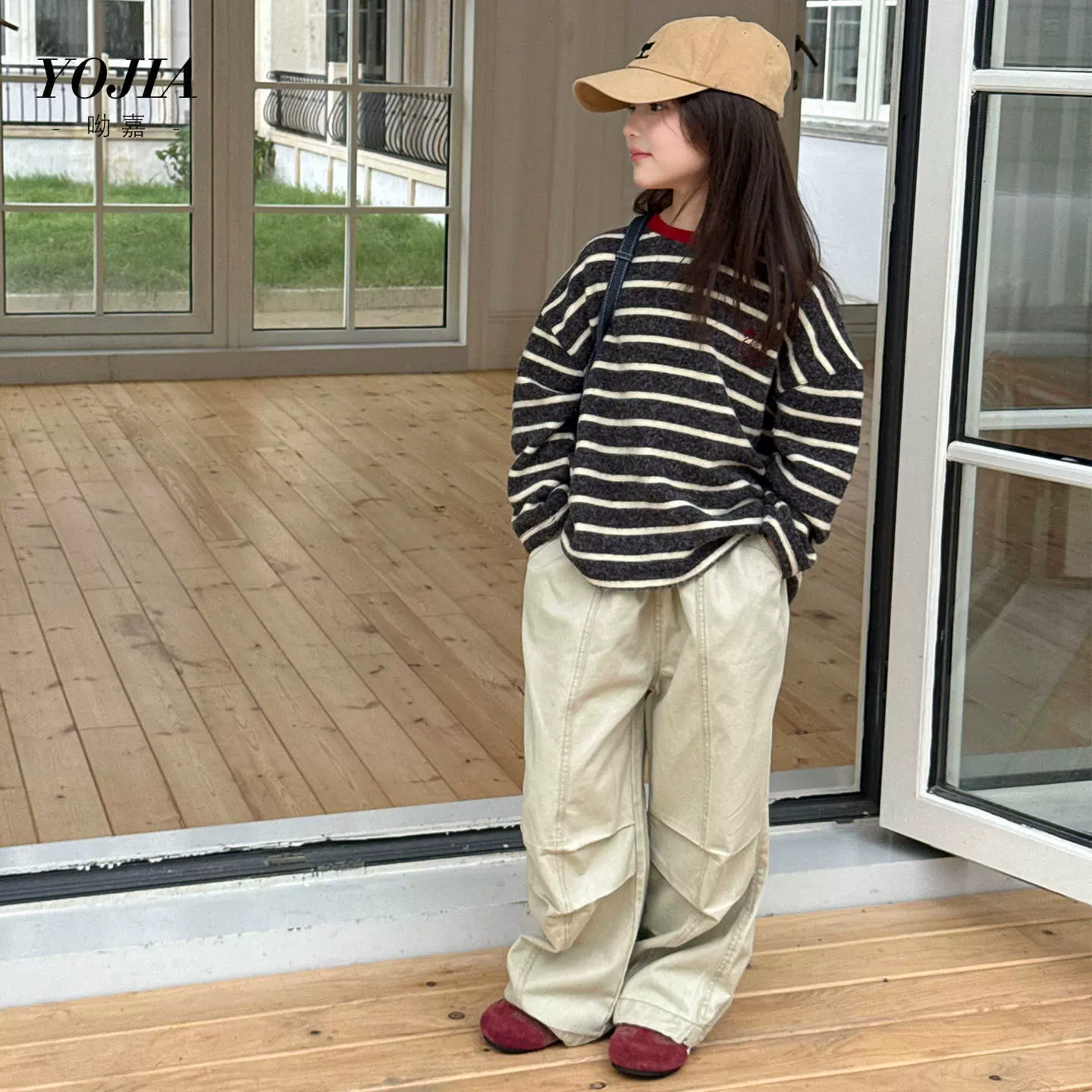 YOJIA女童打底衫秋冬2025新款洋气条纹小女孩长袖T恤加绒儿童秋装