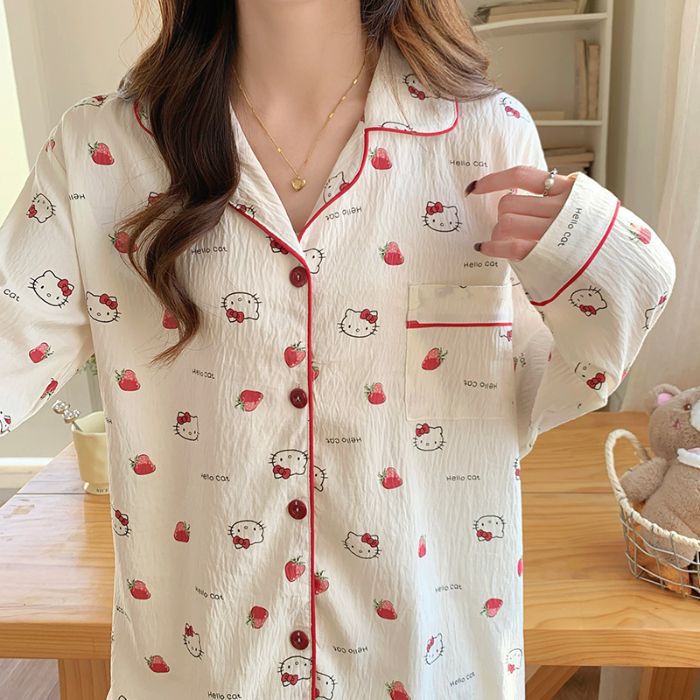 Cardigan de otoño al por mayor transfronterizo pantalones de manga larga Cardigan collar nubes pijamas de algodón mujer dulce dibujos animados set de ropa para el hogar