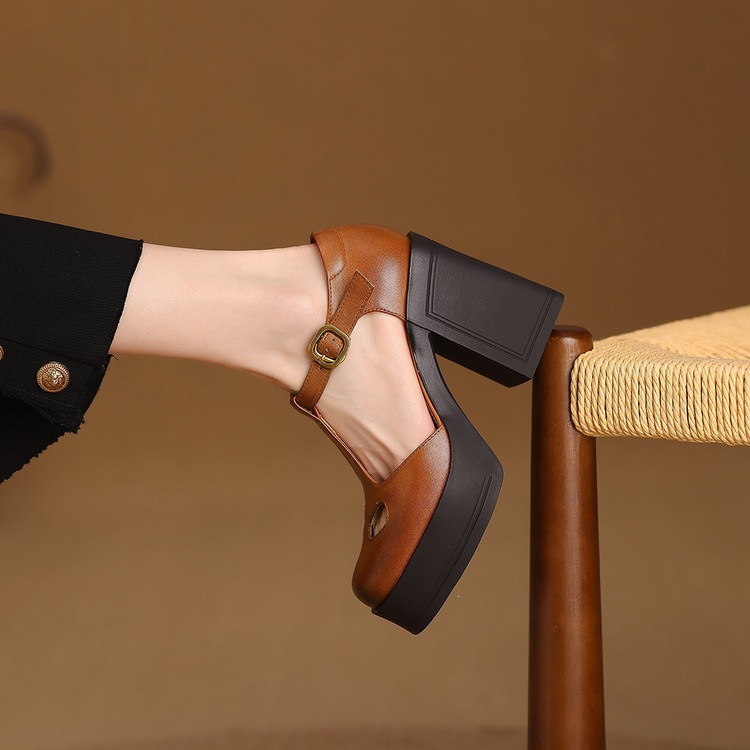 Sandal nữ đế xuồng platform gót vuông phong cách vintage khóa kim loại — màu nâu, màu đen chi tiết 35