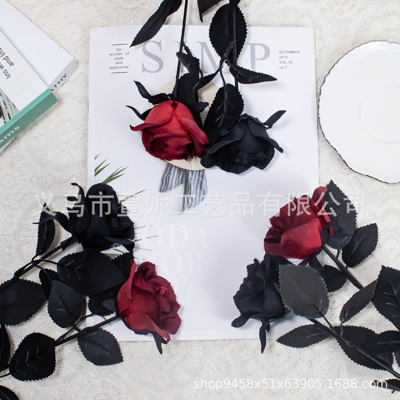 Cross-border Hot-selling Simulation Rose Diablo Gothic Style Halloween Party Dress-up Fake Flower Shooting Props Single Silk Flower Cross-border Hot-selling Simulation Rose Diablo Gothic Style Halloween Party Dress-up Fake Flower Shooting Props Single Silk Flower