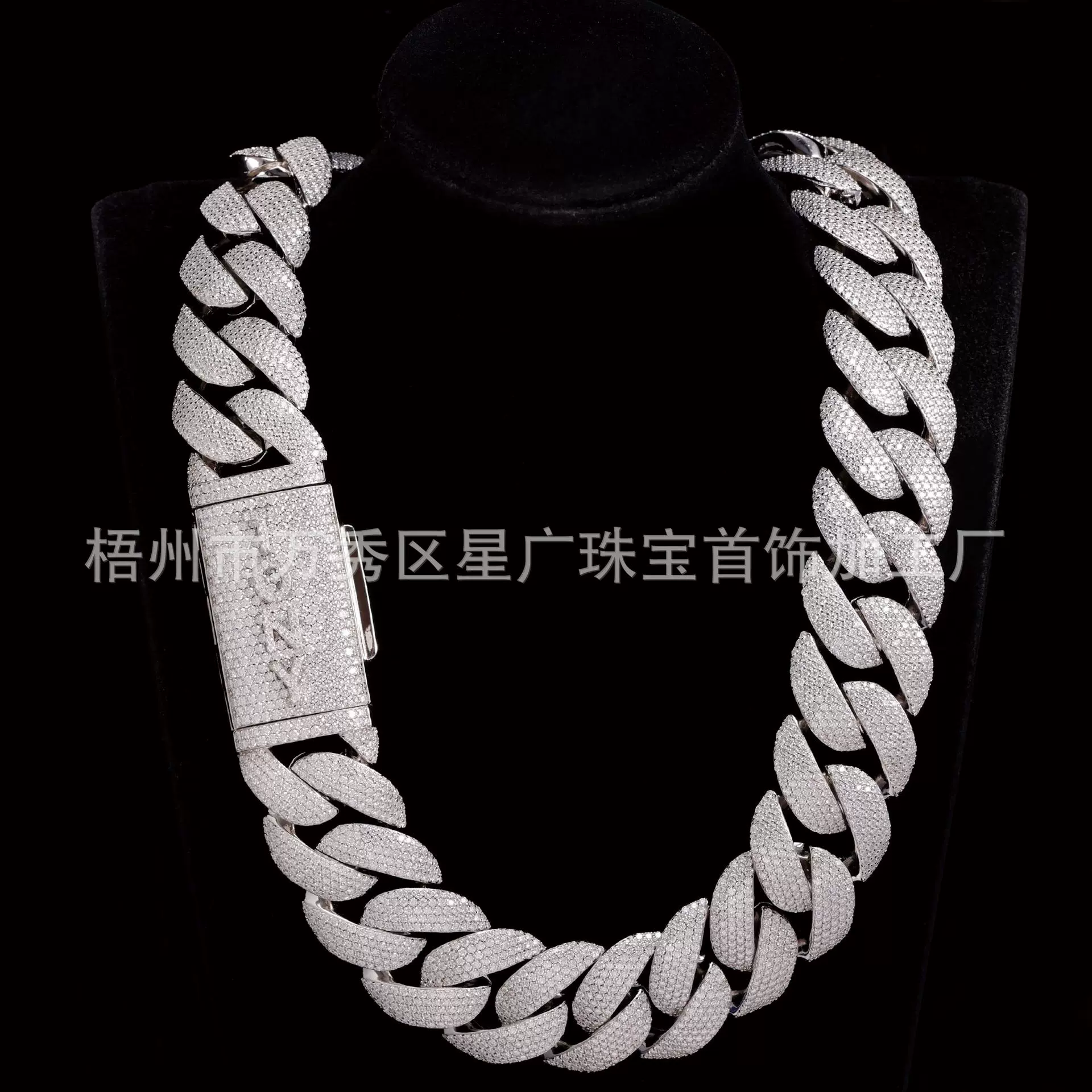 跨境嘻哈风项链男士高级感纯银镶嵌莫桑石30mm古巴链欧美风饰品