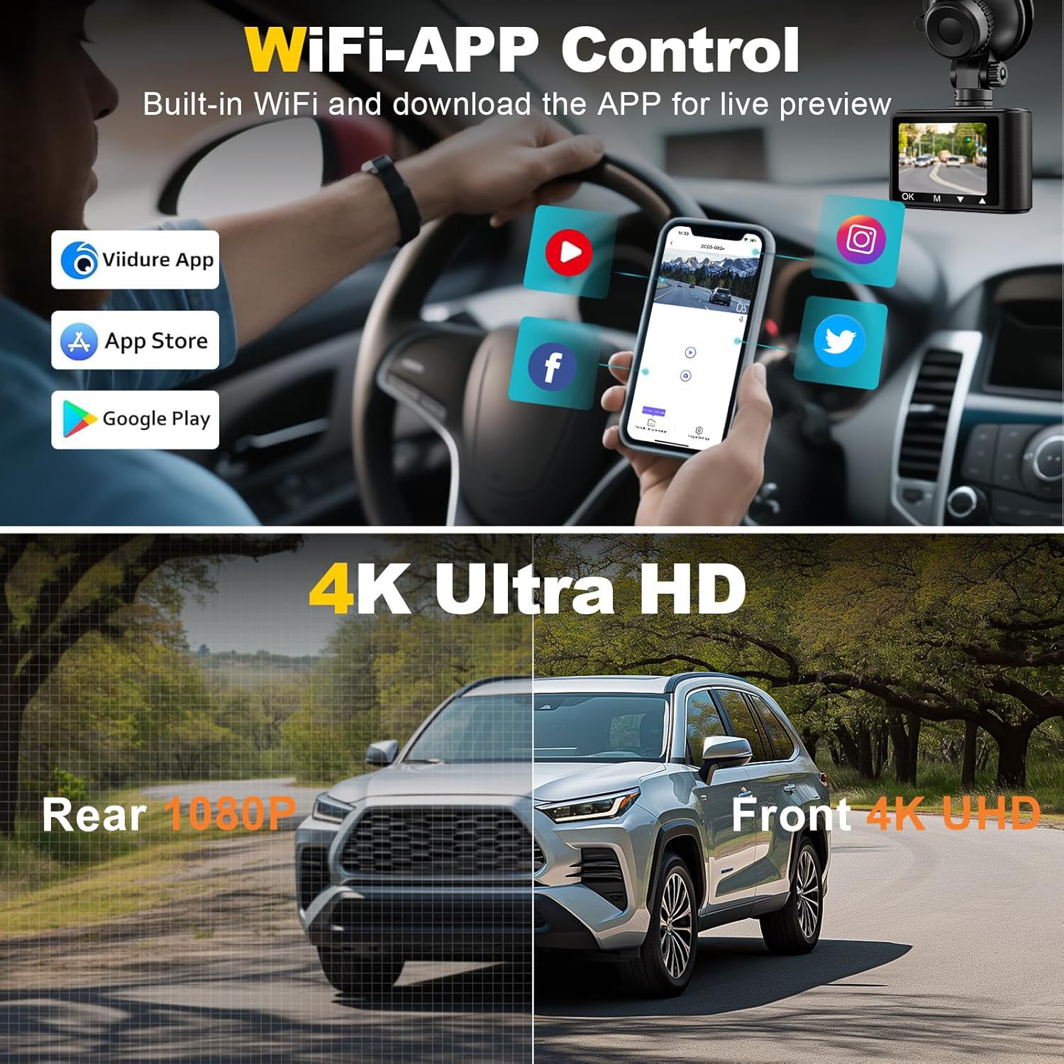 4K Dual-Recording Wifi Private Model Dual-Lens High-Definition Dash Cam with Multiple Languages and Dual Recording for Front and Rear, Universal Model