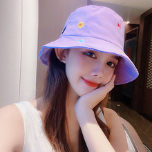 韩国甜美可爱花朵刺绣渔夫帽子女夏季户外防晒盆帽休闲时尚遮阳帽