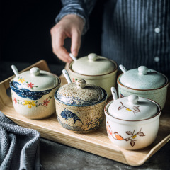 日本式レトロ陶磁器手描き調味缶塩缶調味料缶調味料箱家庭用キッチンに調味スプーンを送る