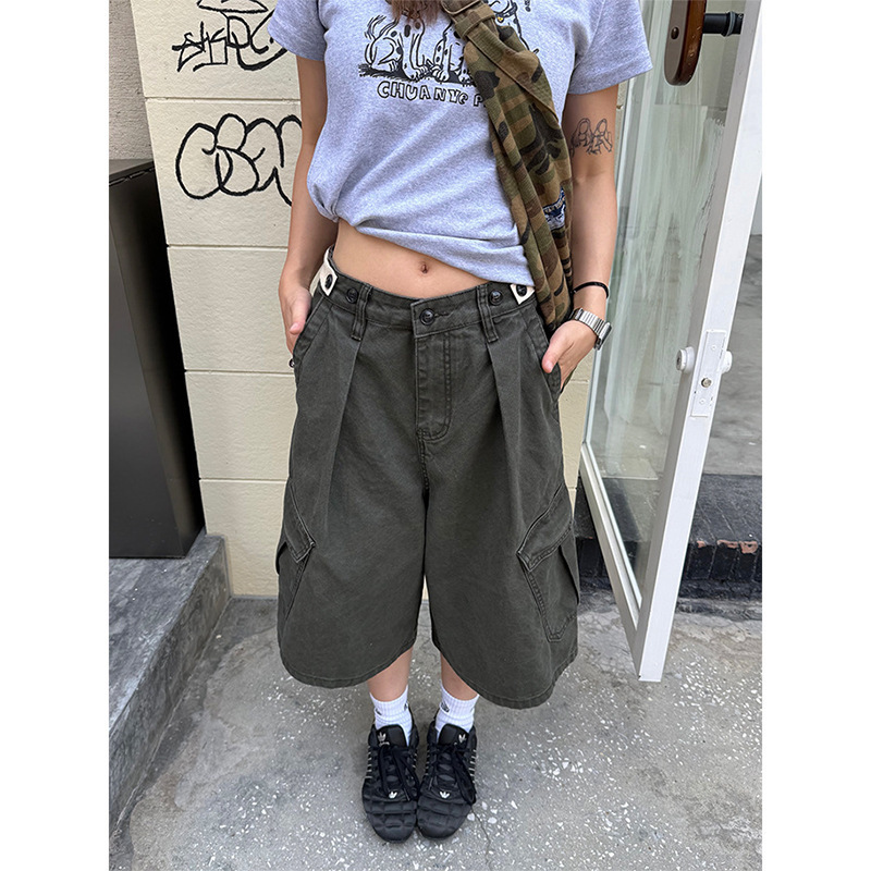 Chuanchuanye American-Style Washed Vintage Cargo Capri Pants for Men and Women, Summer Original Adjustable Multi-Pocket Retro Shorts