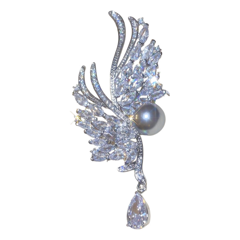 진짜 금 전기 도금 지르콘 깃털 물방울 중공 진주 브로치 프랑스 우아한 코르세이지 패션 하이 엔드 센스 가슴 장식