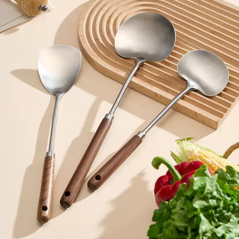 鸿俊达316L不锈钢锅铲家用耐高温防烫炒勺厨房厨具木柄炒菜铲