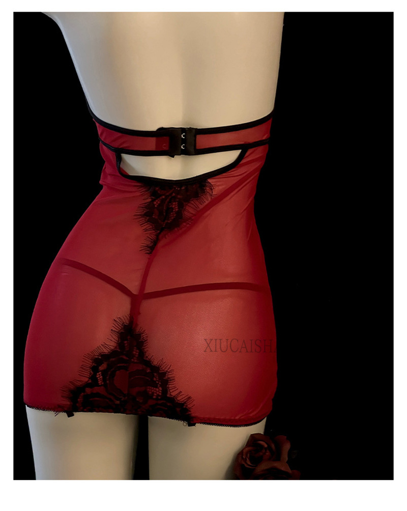 Lace Halterneck Lingerie Set with Underwire, Garters and Stockings, Red Roleplay Costume — detail image 18