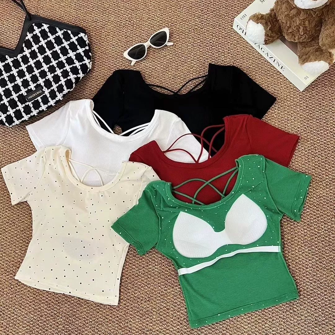 2024, новая футболка в горошек в корейском стиле с коротким рукавом, летняя футболка с воротником, приталенная, повседневная, самая по лучшему сочетании, женский модный стиль