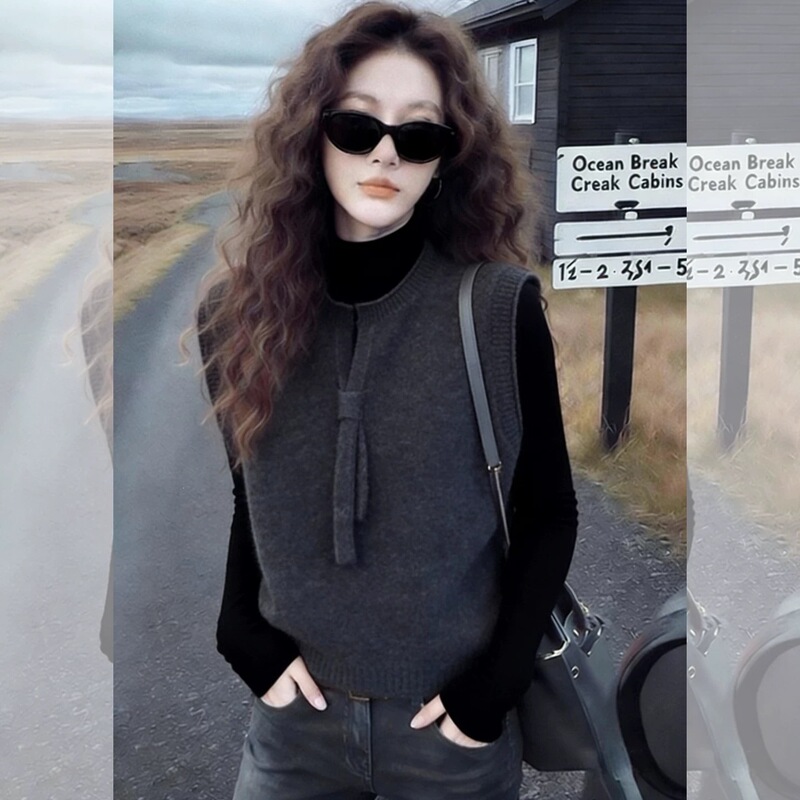 Stylish base layer top, high-end tie, autumn sweater, layered with a dark gray knitted vest, fashionable vest for women, winter wear