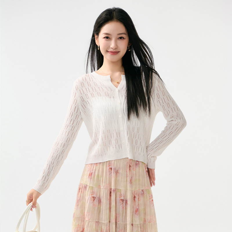 Lyocell Tencel Knitted Cardigan, Thin Design with Hollow-Out Long Sleeves, Slim Fit, Flattering Top for Women, Tencel Skin-Friendly