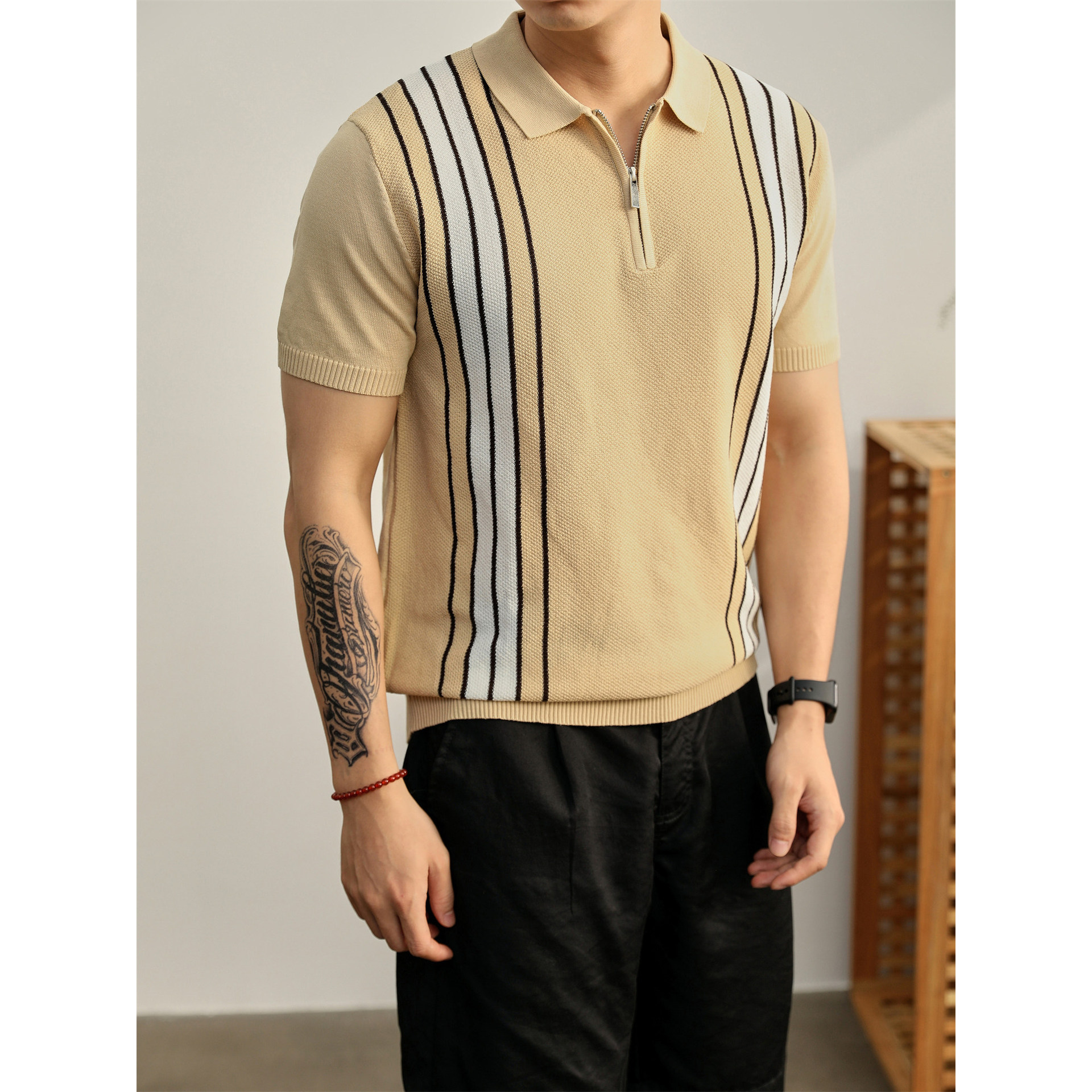 Polo camiseta de punto camiseta de manga corta hombre solapa media cremallera rayas viejas camiseta de viento de verano transfronterizo transpirable fábrica al por mayor t