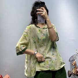 2025夏季新款短款苎麻印花衬衫女文艺复古盘扣圆领中袖宽松衬衣
