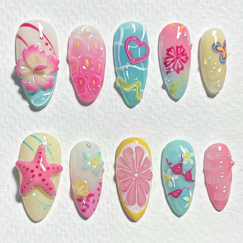 30-Piece Almond-Shaped Wearable Nails with Summer Beach Shells, 3D Floral Designs, Butterflies, and Hearts, Handmade Premium Quality
