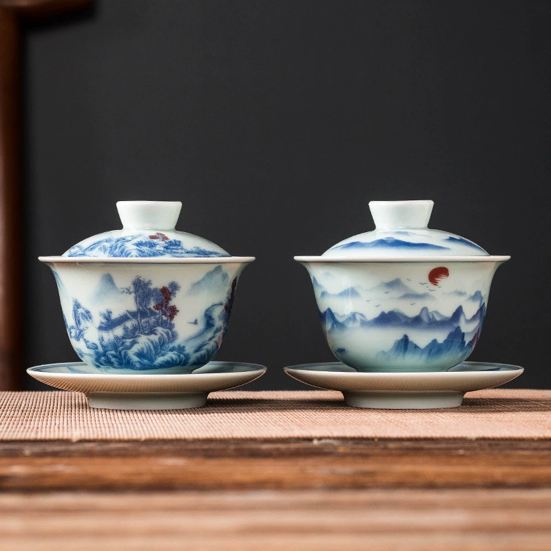 Antique blue and white ceramic tea cup for home use, anti-scald