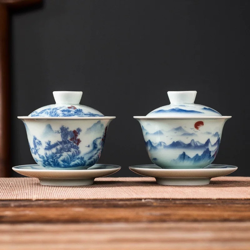 Antique blue and white ceramic tea cup for home use, anti-scald