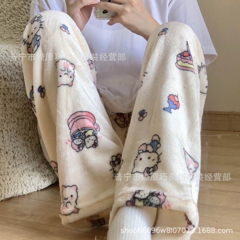 Pantalones de pijama de franela de coral de dibujos animados, pantalones de pijama de hombre, pantalones de invierno de otoño de mujer, pantalones caseros