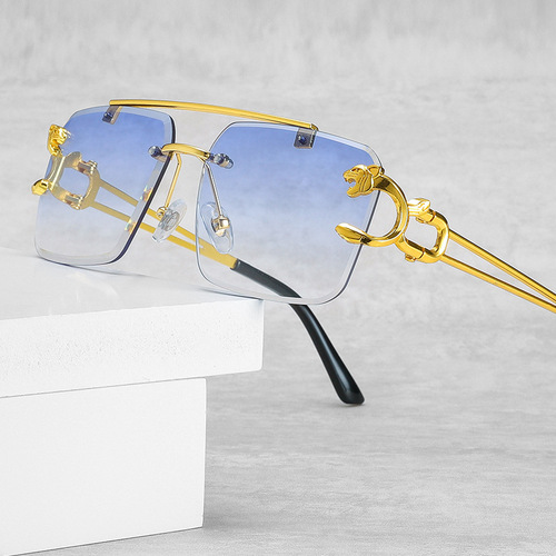 Unique Niche Double-Bridge Rimless Sunglasses with Diamond-Edge Design, Fashionable Retro Leopard-Head Decorative Sunglasses for Men and Women