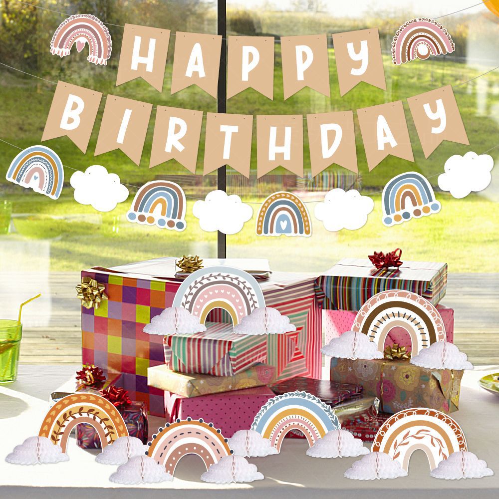 Bohemia cumpleaños fiesta decoración nube cumpleaños tire bandera Groovy Arco Iris panal decoración cumpleaños traje