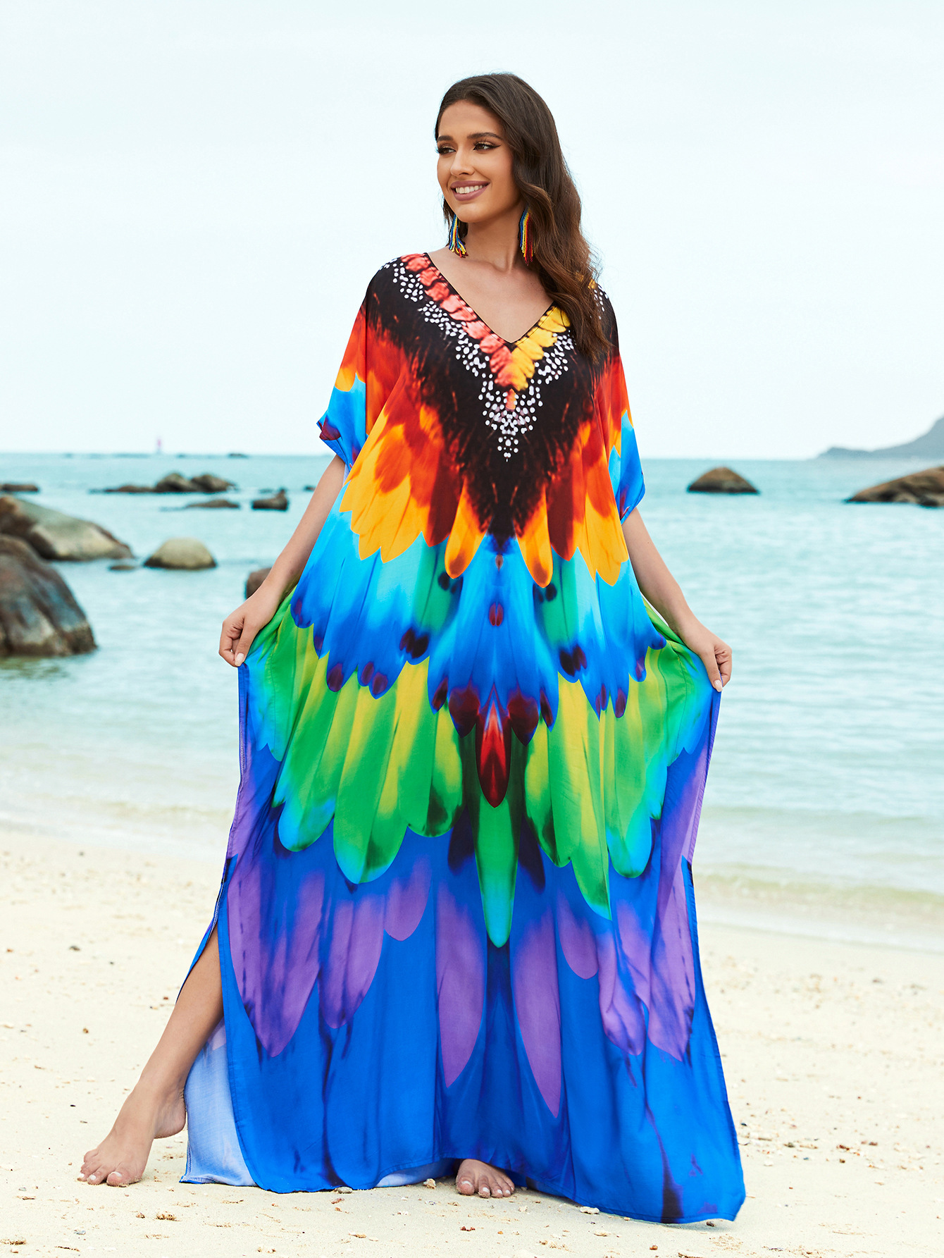 Rochie de plajă lungă kimono dama boho viscoză tie-dye_voghion.com