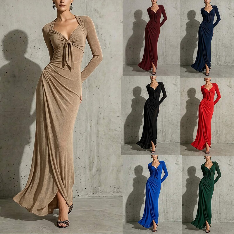 New cross-border women's fashion autumn and winter long dress, V-neck pleated dress, sexy tight-fitting evening gown, floor-length slim-fit dress
