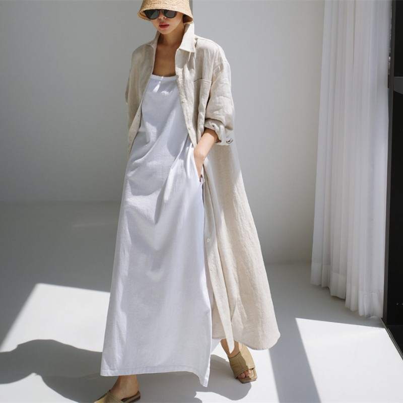 Loose plus size Shirt dress Over-the-knee Long Cardigan Cotton-linen Base Shirt Elegant Long-sleeved dress Women Loose plus size Shirt dress Over-the-knee Long Cardigan Cotton-linen Base Shirt Elegant Long-sleeved dress Women