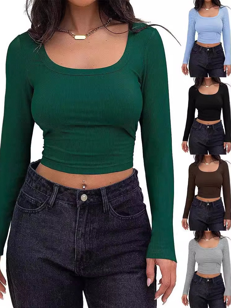 2025 Amazon New European and American Popular Ribbed Slim-Fit Short Long-Sleeve Square-Neck T-Shirt for Women Cross-Border Trade