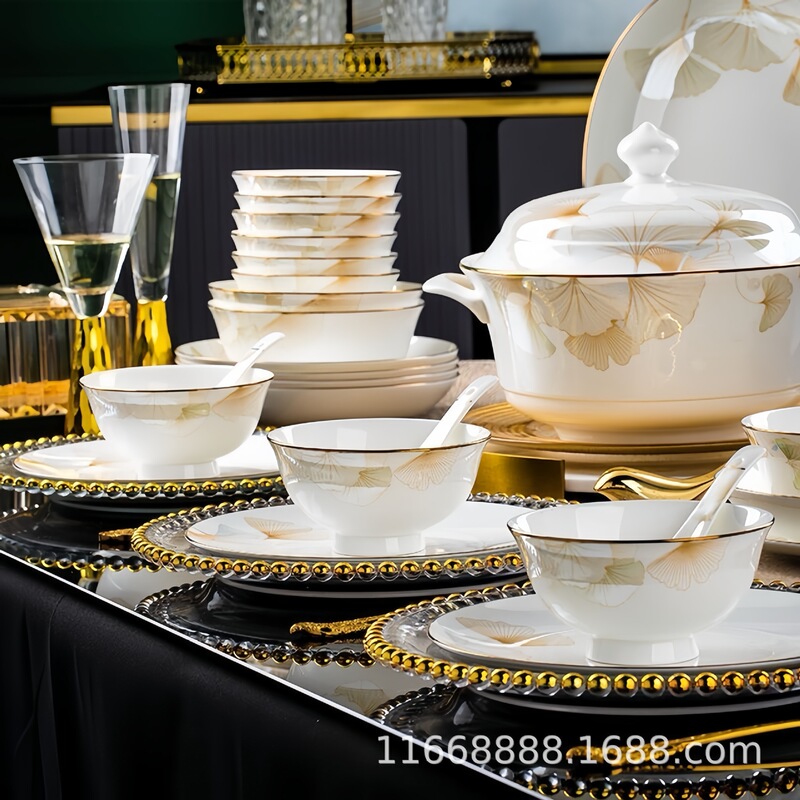 Gift Tableware, Dishes and Plates Jingdezhen High Temperature High-End New Bone China Tableware Household Dishes and Plates Set Hotel Wholesale