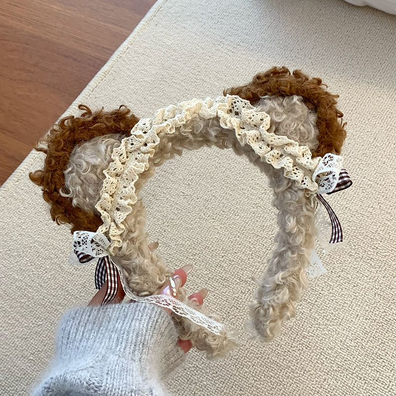 Bonito oso orejas cabello de cordero de encaje en el hogar lavarse la cara 2024 nuevo red lavarse la cara