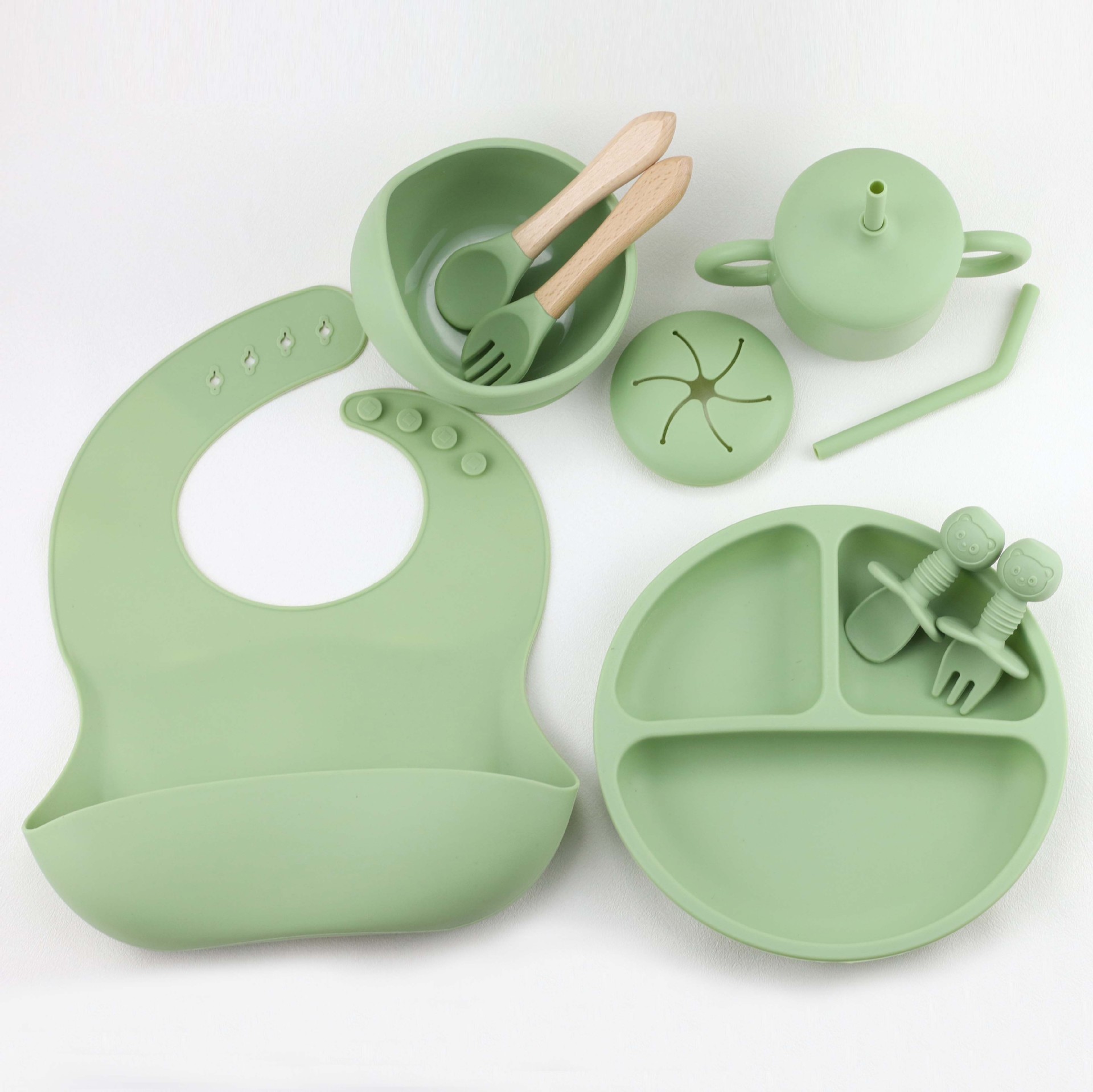 Cross-border baby silicone tableware ten-piece bib plate bowl with suction cup suction cup cup snack cup spoon fork