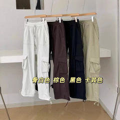 露家新款女士春夏新款高腰抽绳四色直筒休闲口袋工装裤