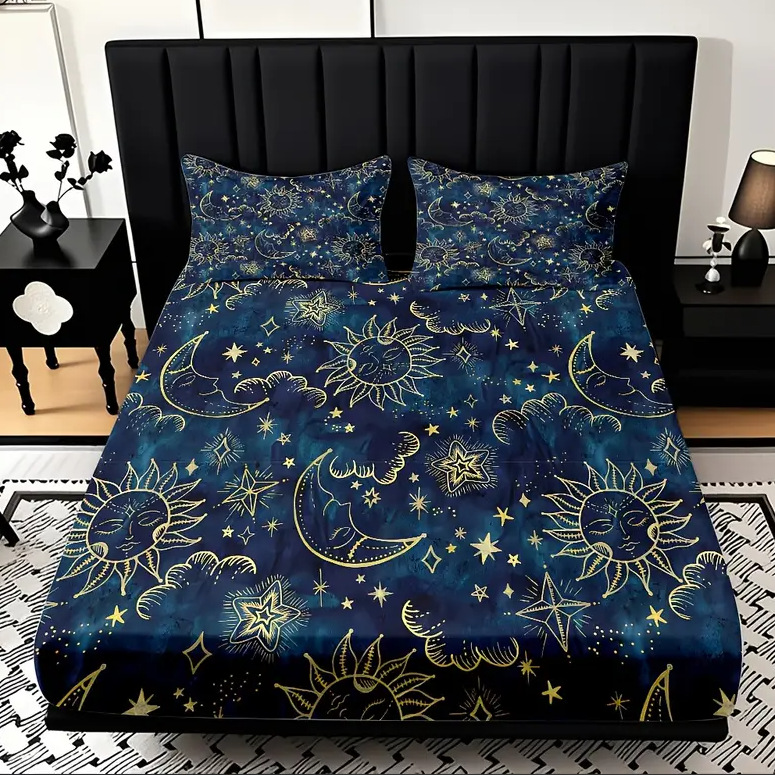 TEMU / JIT Transfronterizo Sol, Luna, Estrella y Río Patrón Temático 3D Impresión Digital Cama Kasama Kit de ropa de cama
