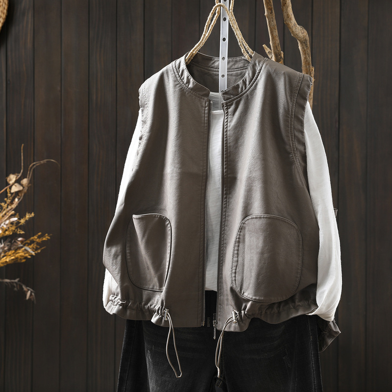 Pu Vest for Women, Autumn Outer Wear 2025 New Style, Small Stand-Up Collar, Pu Leather, High-End, Loose, Layered, Versatile Sleeveless Vest