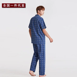 无印双层纱短袖睡衣家居服女全棉格子情侣套装情侣款日系薄款