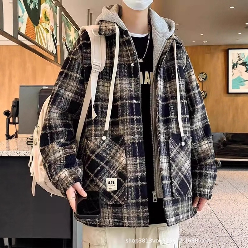 假两件加棉加厚格子外套男秋冬新款宽松加肥加大码连帽棉衣夹克
