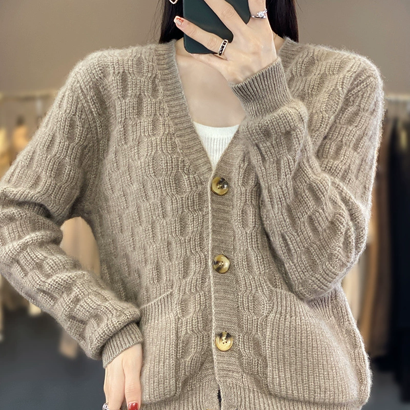 Demi-season sweater, jacket, knitted woolen cardigan, loose fit, V-neckline, plus size