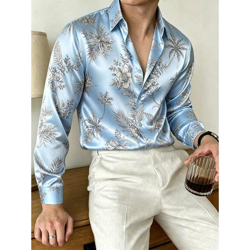 2026 New Shiny Long-Sleeve Men's Shirt with Digital Print, Cuffed Sleeves, V-Neck 061