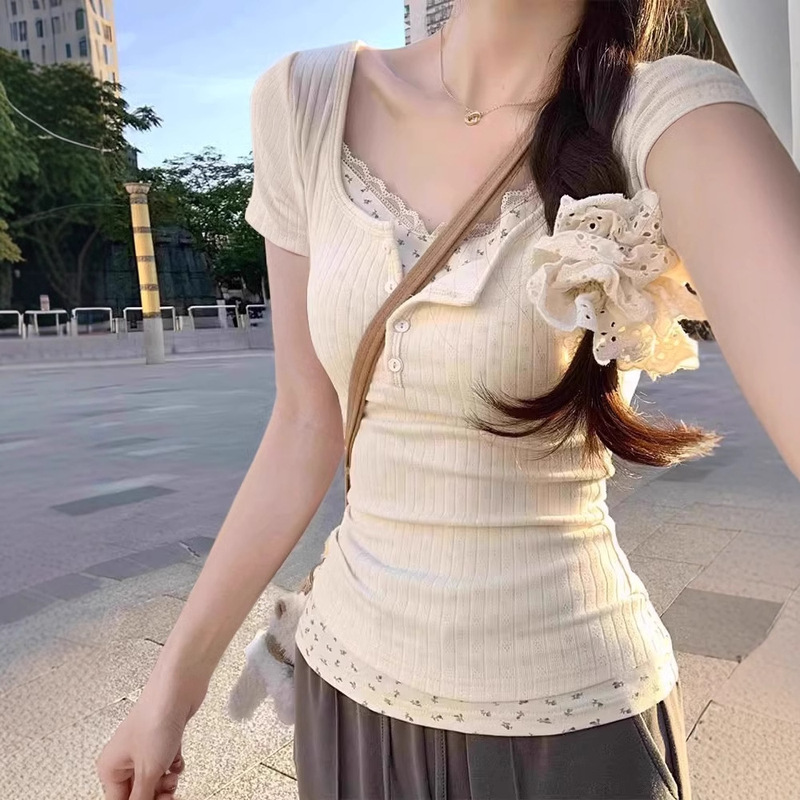 Fake Two-piece Floral Lace Base Shirt Women's Summer Design Sense Shoulder Short-sleeved T-shirt Chic Slim-fit Short Top